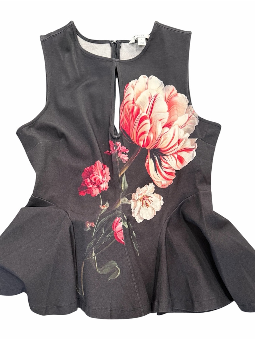Anthropology NWT  Black Floral Peplum Tank Top with Pink & Cream Blooms. Medium